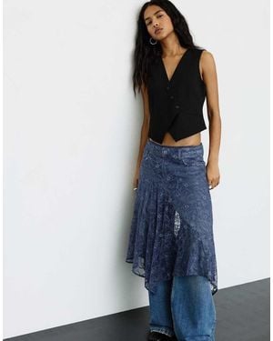 Pull&Bear Asymmetric Lace Midi Skirt - Blue
