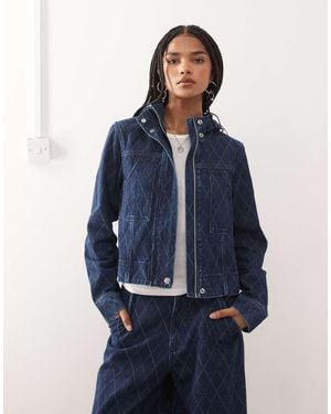Collusion Denim Hooded Argyle Print Jacket - Blue