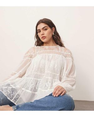 ARRANGE Curve Lace Detail Blouson Sleeve Top With Drawstring Detail - White