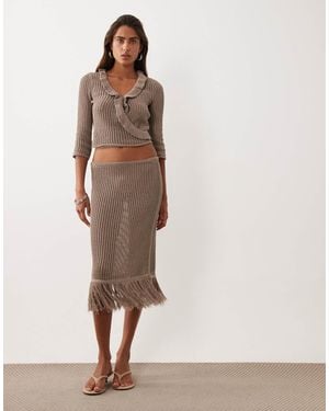 ASOS Crochet Knit Fringe Ruffle Midi Skirt Co-ord - Natural
