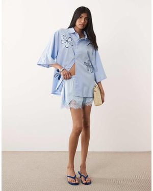 Sister Jane Siro Embroidered Short Sleeve Boxy Shirt - Blue