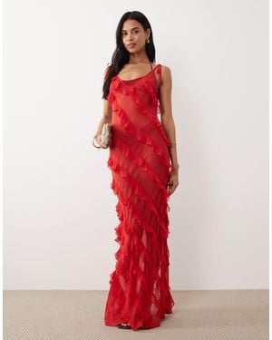 Miss Selfridge Beach Asymmetric Ruffle Low Back Maxi Dress - Red