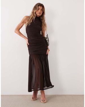 ASOS Mesh Jurk Met Verlaagde Taille, Cirkelrok En Aangezette Hals - Bruin