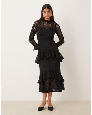 Maya High Neck Long Sleeve Lace Midaxi Dress - Black