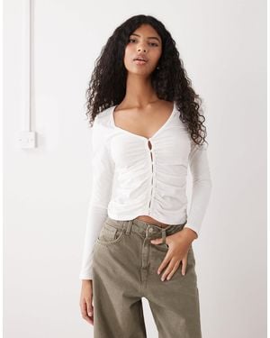 Monki Ruched Button Open Jersey Top - White