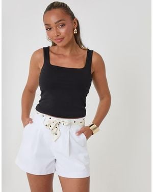 Threadbare Petite Tailored Shorts With Polka Dot Satin Scarf Belt - Blue