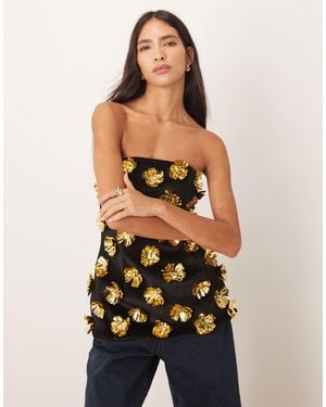 ARRANGE 3D Floral Longline Bandeau Top - Black