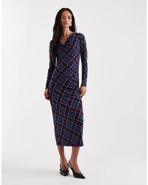 Vero Moda Vestido Largo A Cuadros Burdeos Y Azules Con Lateral Fruncido Y Parte Delantera Drapeada De -Rojo