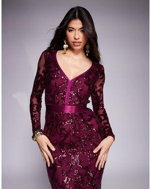 Goddiva Embroidered Sequin & Mesh Maxi Dress - Purple