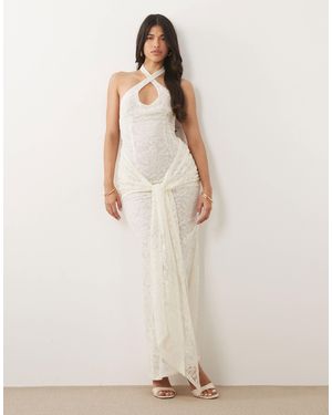 Missy Empire Lace Halterneck Keyhole Detail Drape Tie Front Maxi Dress - White