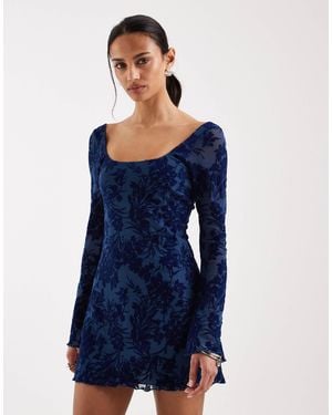 Motel Bindara Midnight Leaf Flock Longsleeve Mini Dress - Blue