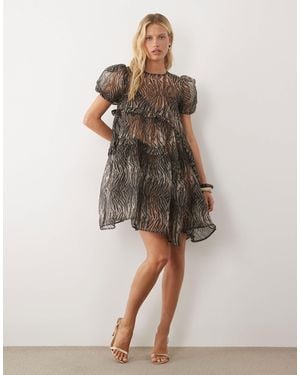 Ghospell Sana - robe courte asymétrique à manches bouffantes et cordon - Multicolore