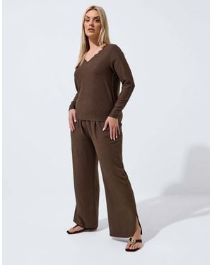 Yours Clothing Textured Lace Trim Top - Brown