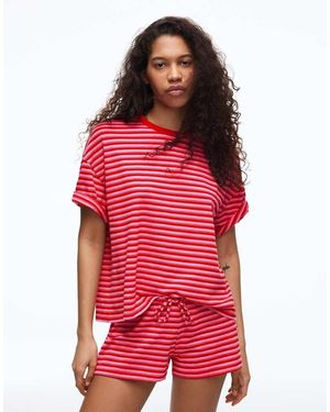 Bershka Elastic Waist Plush Shorts - Red