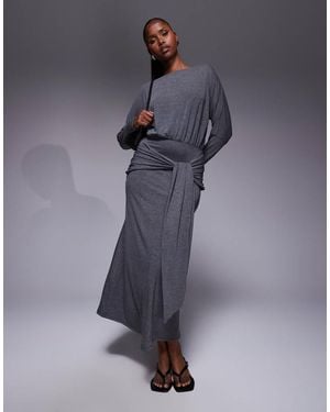 ASOS Long Sleeve Slash Neck Tie Blouson Front Maxi Dress - Blue