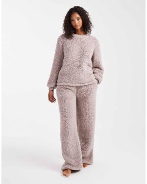 Loungeable Zachte Tweedelige Sherpa Nachtkleding Set Met Wijde Broek En Sweatshirt - Meerkleurig