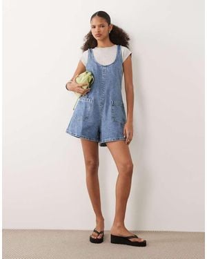ASOS Denim Playsuit With Scoop Neck And Cross Back - Blue