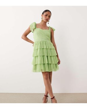 LACE & BEADS Ophelia Tie Sleeve Ruched Tiered Mini Dress - Green