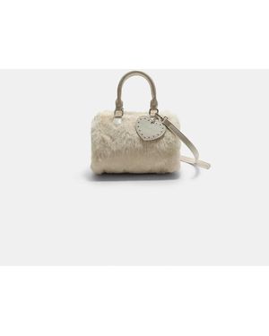 Stradivarius Faux Fur Heart Bowling Bag - Natural