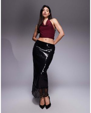 ASOS Sequin Mid-rise Column Skirt With Lace Trim - Blue