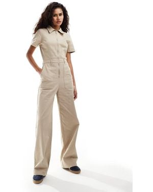 Monki Wide Leg Jumpsuit With Zip Front - Natural