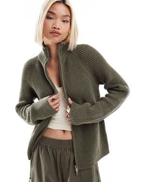 Monki Ribbed Knitted Two Way Zip Cardigan - Green