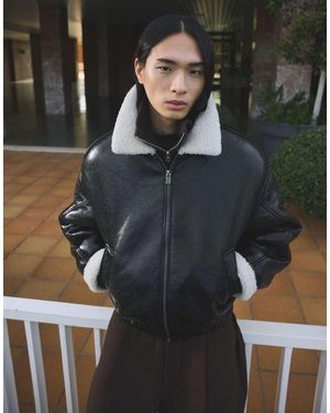 Bershka Vinyl Effect Jacket With Fur Collar - Black