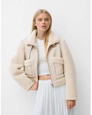 Bershka Shearling And Faux Leather Jacket - Natural