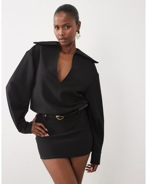 Noughts & Kisses Plunge Neck Collared Balloon Sleeve Gold-tone Belted Mini Dress - Black