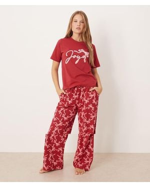 Threadbare Short Sleeve Joy Print Pyjamas With Pattern Trousers - Red