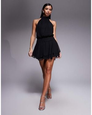 Fashionkilla Exclusive Chiffon Halterneck Foldover Detail Ruffle Skirt Mini Dress - Black