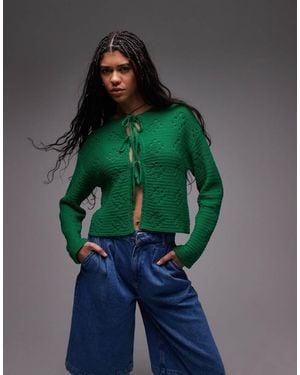 TOPSHOP Knitted Pointelle Tie Cardi - Green