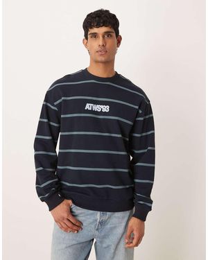 ASOS Relaxed Fit Stripe Crew Sweatshirt With Text Print - Blue