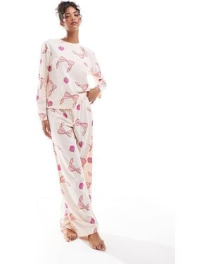 ASOS Bow And Fruit Long Sleeve Top & Trouser Pajama Set - Pink