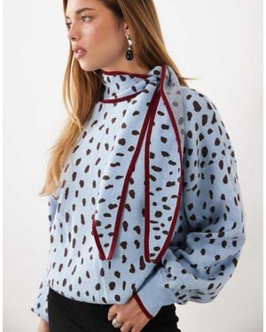Never Fully Dressed Knitted Tie Neck Balloon Sleeves Contrast Trim Detail Jumper - Blue