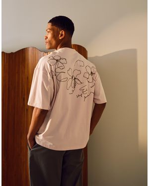 TOPMAN Premium Oversized Fit T-shirt With Front And Back Flower Sketch Embroidery - Natural