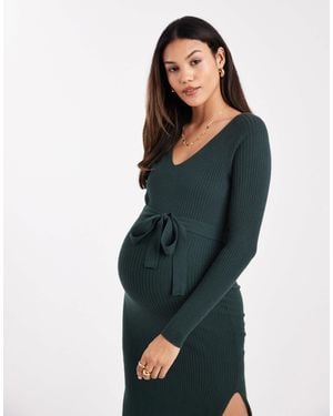 Vero Moda Rib Knitted Long Sleeve Midi Dress With Belt Detail - Blue