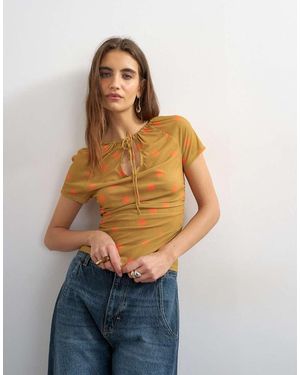 TOPSHOP Top De Manga Corta Con Estampado De Lunares Y Detalle De Abertura Discreta De Malla-Negro - Azul