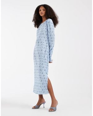 Pieces Long Sleeve Plisse Midi Dress - Blue