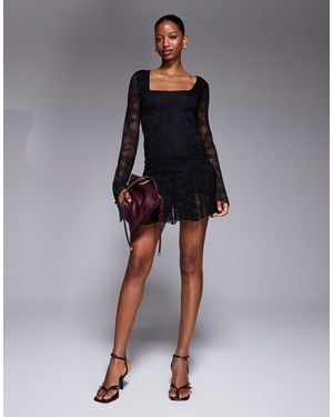 Kaiia Exclusive Double Layered Slinky Lace Square Neck Godet Hem Detail Mini Dress - Blue