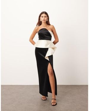 ARRANGE Structured Curved Velvet Column Midi Dress With Contrast Satin Peplum - White