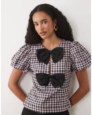 Sister Jane Vence Round Neck Puff Sleeve Bow Detail Top - Black