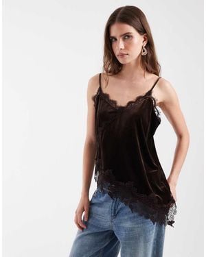 Vero Moda Asymm Velvet Cami Top With Lace Detail - Black