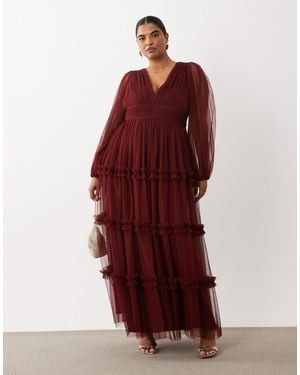 Lace & Beads Plus Tulle Sheer Balloon Sleeve Plunge Neck Tiered Maxi Dress
