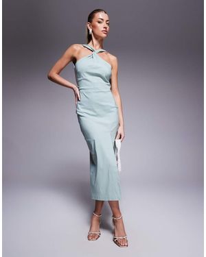 Vesper Cross Neck Midaxi Dress With Thigh Split - Blue
