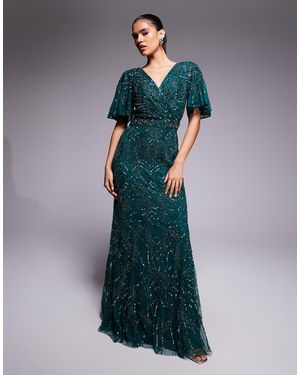 Beauut Vestito Lungo Decorato Scuro Con Scollo A V A Portafoglio E Maniche Con Volant - Blu