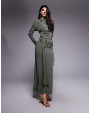 DASKA Slinky High Neck Tie Detail Maxi Dress - Gray