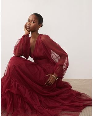 LACE & BEADS Smocked Madison Long Sleeve Maxi Dress - Red