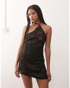 Lioness Amore Satin Sheer Lace Bust Panelling Detail Halterneck Mini Dress - Black