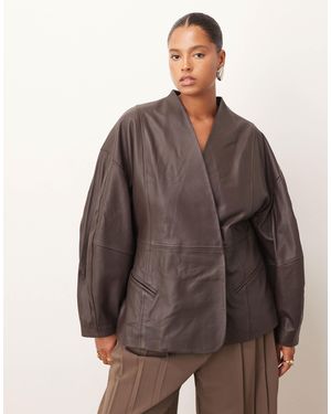 ARRANGE Curve Soft Leather Jacket With Cinched Waist And Ovoid Sleeve - Brown